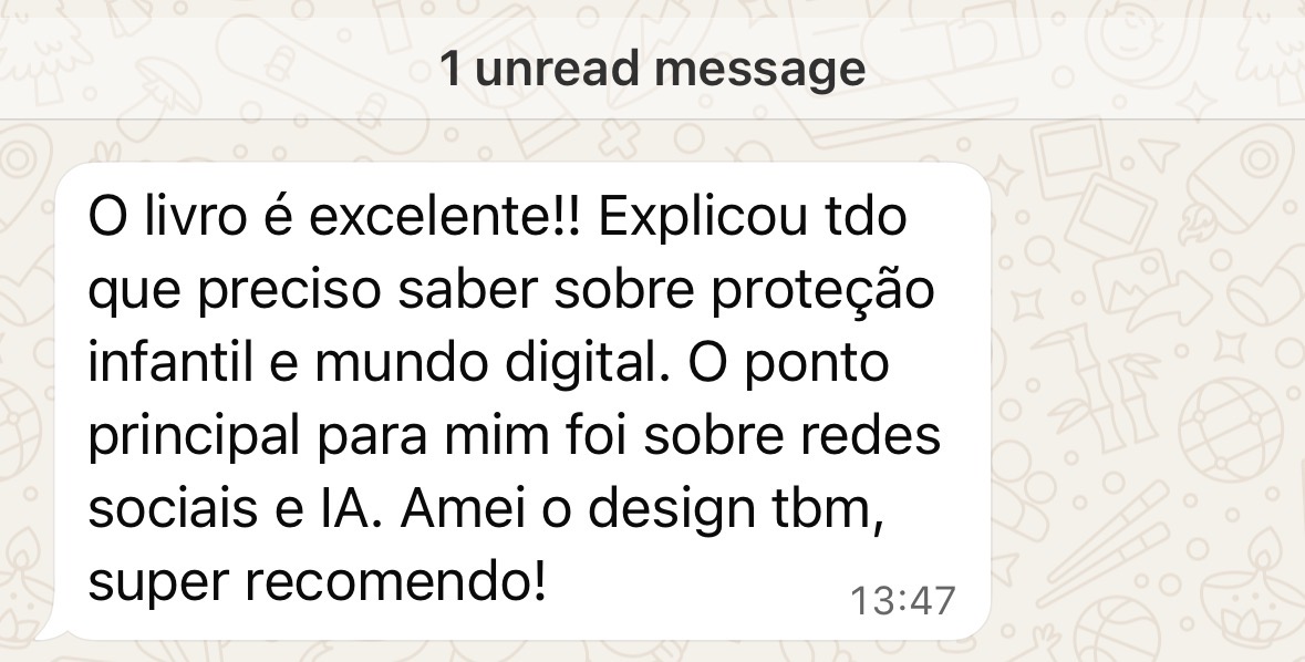 O livro é excelente! Explicou tudo que preciso saber sobre proteção infantil e mundo digital. O ponto principal para mim foi sobre redes sociais e IA. Amei o design também, super recomendo!